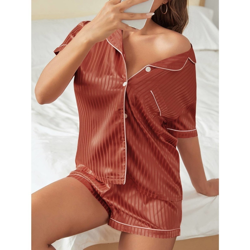 Cream 2 piece pajama set: Striped Satin shirt and shorts pj Set - Picture 10 of 11